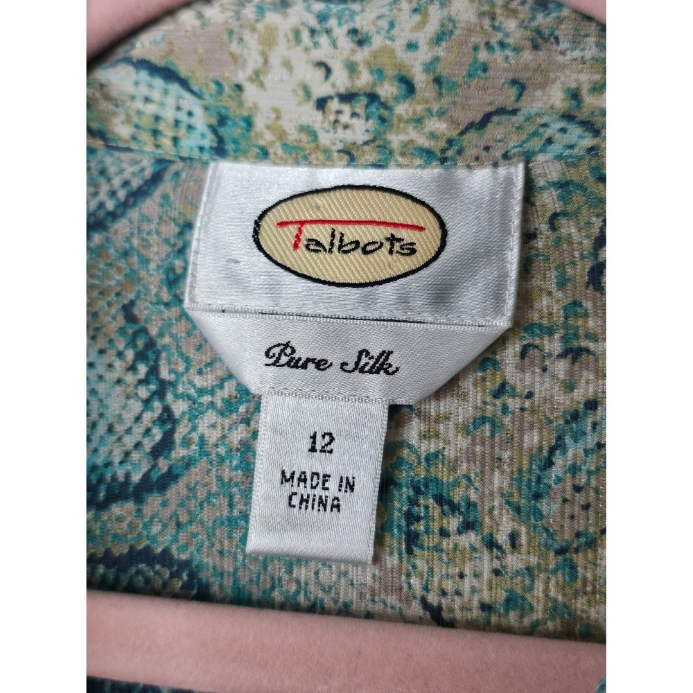 Talbots Pure Silk Snakeskin Print Blouse Teal Green Animal Print Button Down 12 - Picture 3 of 7
